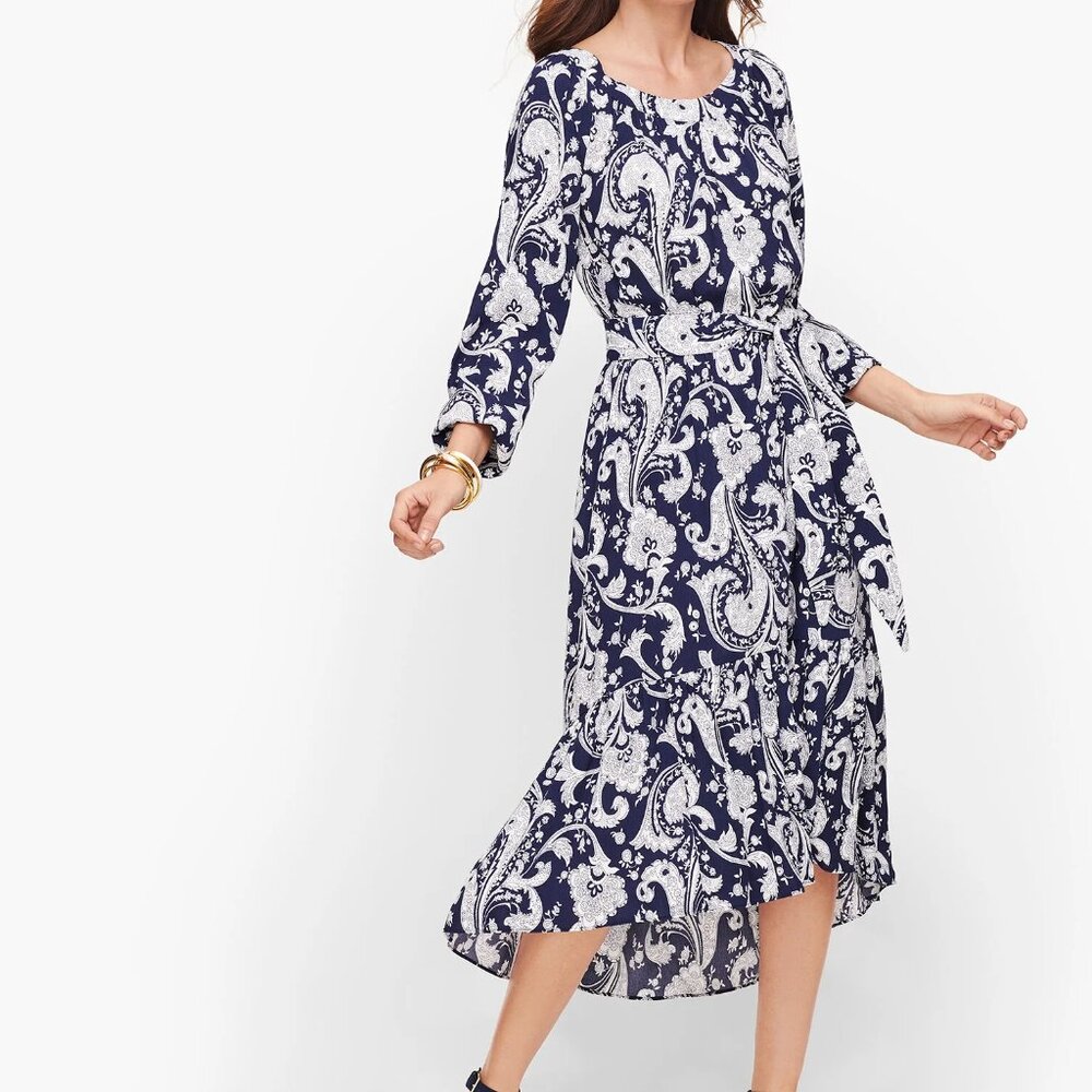 Talbots Blue White Paisley Flounce Midi Dress L Excellent Cond.